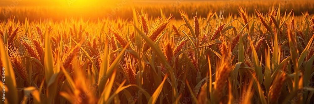 Golden light casts a warm glow over the corn field, corn stalks, fields of gold Golden light casts a warm glow over the corn field, corn stalks, fields of gold