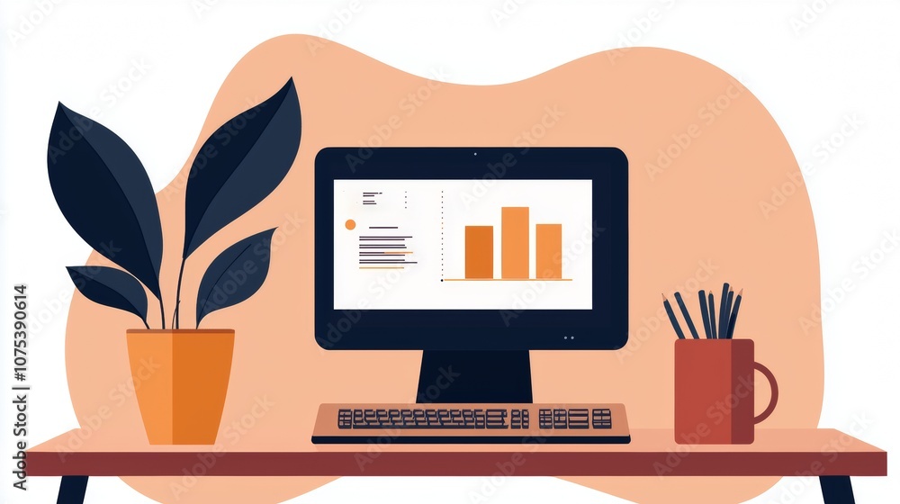A modern workspace featuring a computer monitor displaying bar charts, accompanied by a plant and stationery on a wooden desk. A modern workspace featuring a computer monitor displaying bar charts, accompanied by a plant and stationery on a wooden desk.