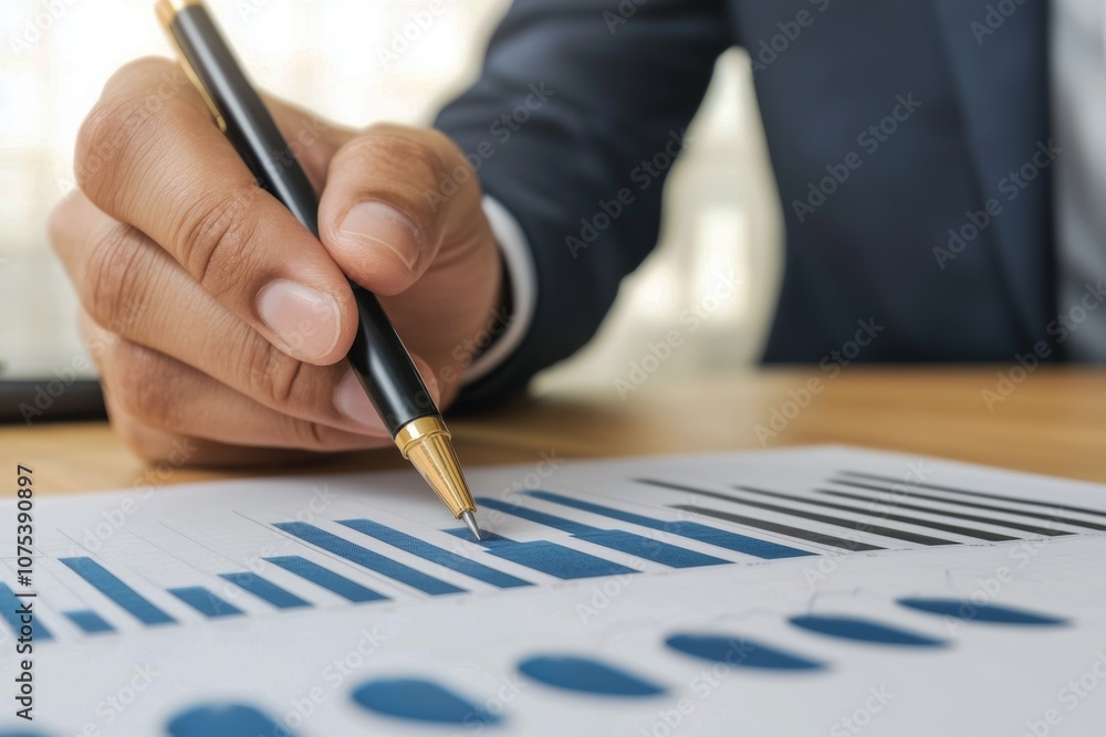 A business professional analyzes data charts with a pen, focusing on growth metrics and statistics for strategic insights. A business professional analyzes data charts with a pen, focusing on growth metrics and statistics for strategic insights.