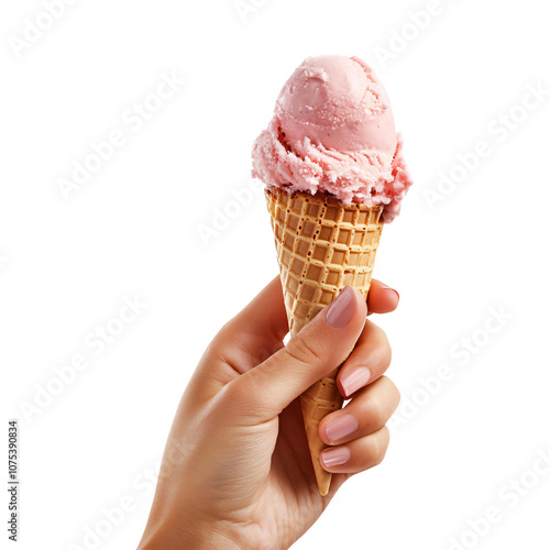 Woman hand holding strawberry ice cream cone isolated on transparent background