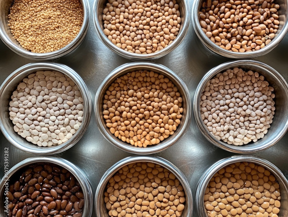 Top view of a bean mixture in silver pans showcasing the preparation of a traditional pudding ready for steaming in steel containers Top view of a bean mixture in silver pans showcasing the preparation of a traditional pudding ready for steaming in steel containers