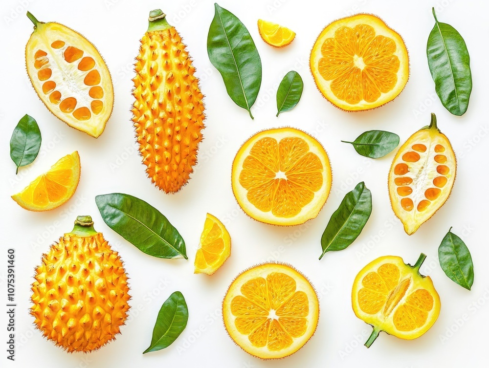 Kiwano fruit along with leaves and cut slices displayed on a white background File includes a clipping path Kiwano fruit along with leaves and cut slices displayed on a white background File includes a clipping path
