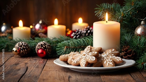 Christmas Still Life with a Burning Candle, Shiny Ornaments, and a Glittering Fir Branch