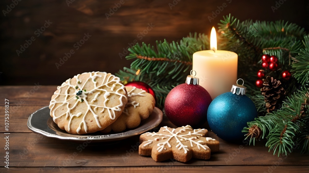Golden Christmas candles glow beside festive red ornaments and pine cones Golden Christmas candles glow beside festive red ornaments and pine cones