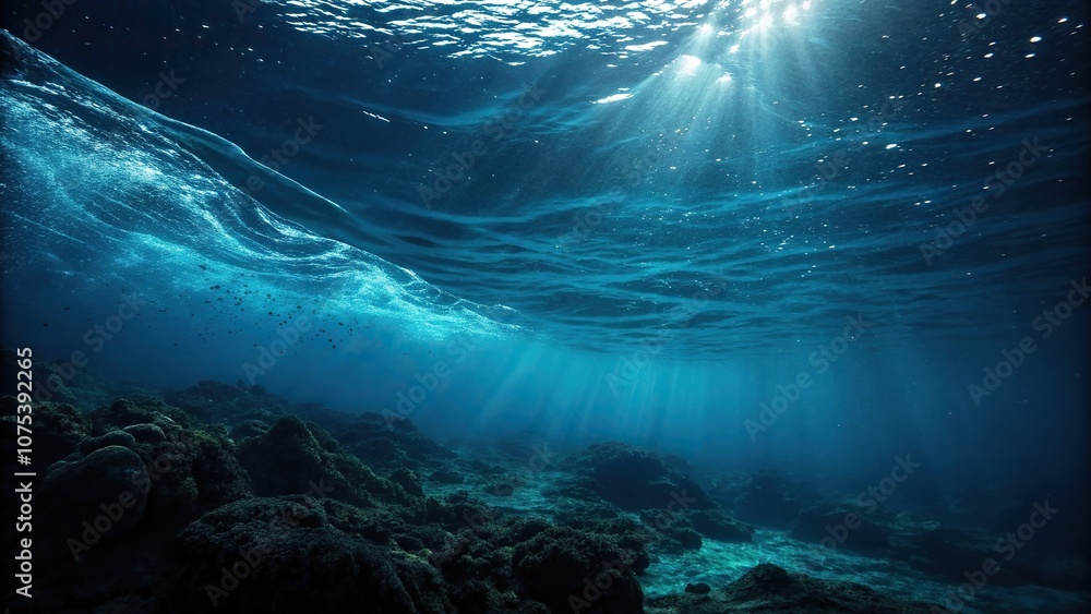 Fototapeta premium * Dark and mysterious underwater scene with glowing waves, glowing sea creatures, mysterious depths, deep ocean, eerie blue waters, glowing water
