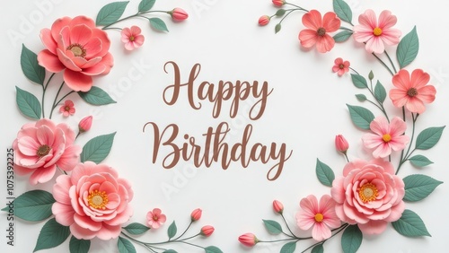 Elegant floral happy birthday greeting with pink blossoms and green foliage