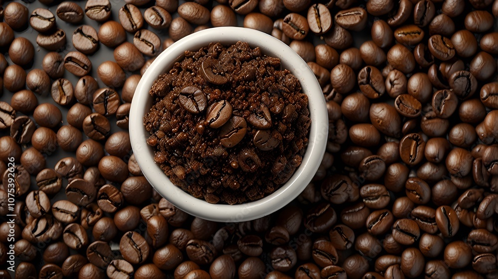 Fototapeta premium A steaming cup of rich, dark espresso rests on a bed of aromatic roasted coffee beans