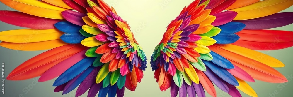Fototapeta premium Colorful wings with rainbow hues spread wide, colorful textures, wing details, 3D rendered wings