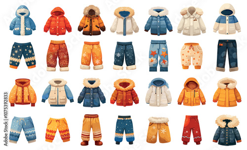 Kids winter clothes. Cartoon children warm woolen jacket coat pants trousers, snow weather clothing set vector illustration