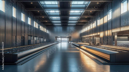 Modern industrial factory interior with skylights and advanced equipment during daytime