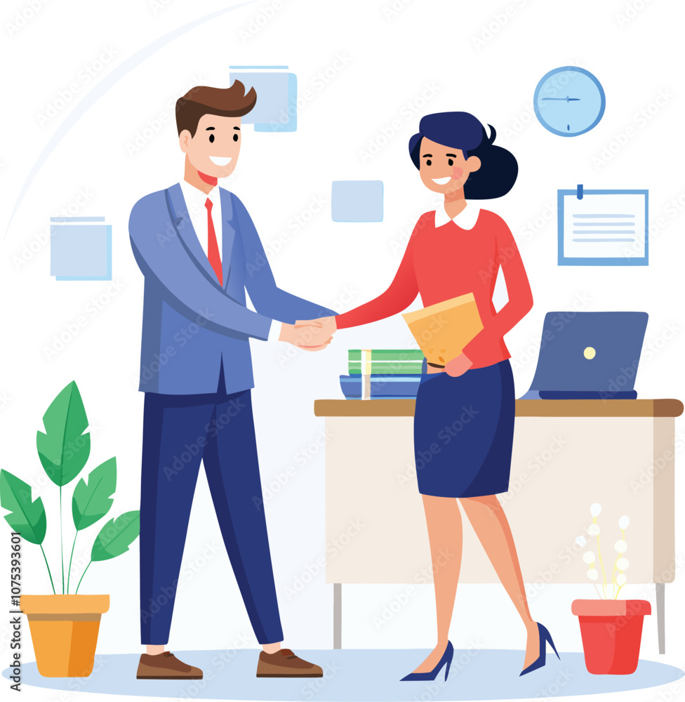 Fototapeta premium People shaking hands at work - Two businesspeople, man and woman doing handshake in office at work while smiling over business agreement and deal. Flat design stock illustration on white background
