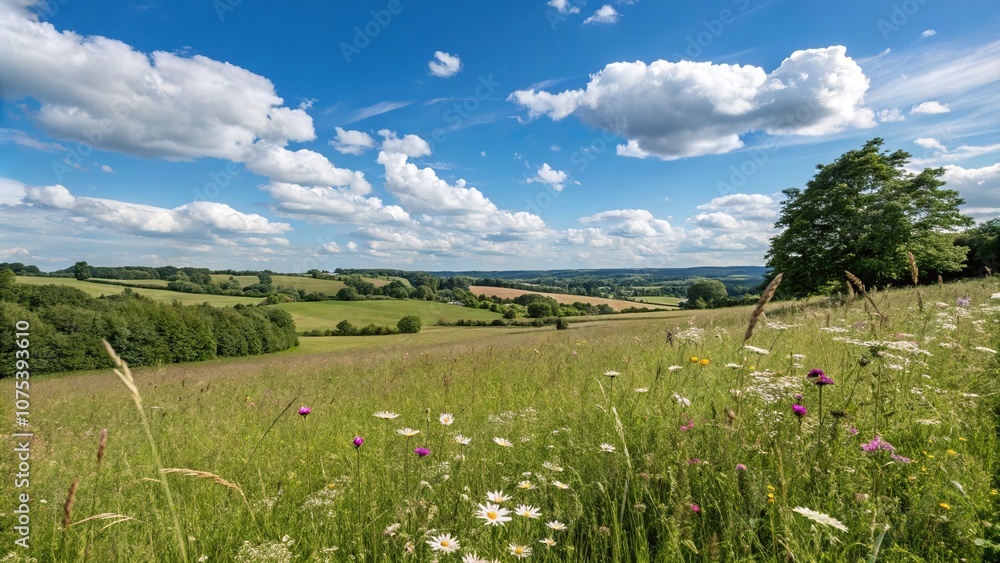 Fototapeta premium A picturesque meadow field in the English countryside with a clear blue sky and fluffy white clouds, serene countryside, blue sky, green fields, english countryside