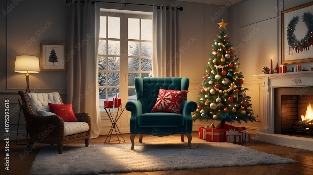 A modern living room interior with a comfortable couch, armchair, and side table, illuminated by a stylish floor lamp A modern living room interior with a comfortable couch, armchair, and side table, illuminated by a stylish floor lamp