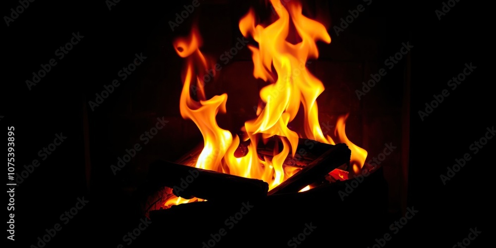 Cozy fireplace with flames dancing in the darkness, relaxation, soft light, warm and snug Cozy fireplace with flames dancing in the darkness, relaxation, soft light, warm and snug