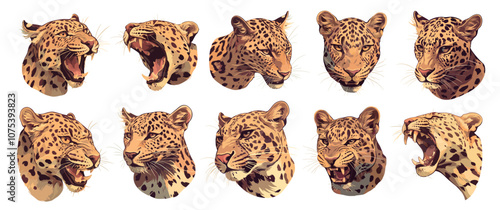 Leopard portrait. Roar big cat head, danger animal predator, wildcat jaguar cheetah set vector illustration