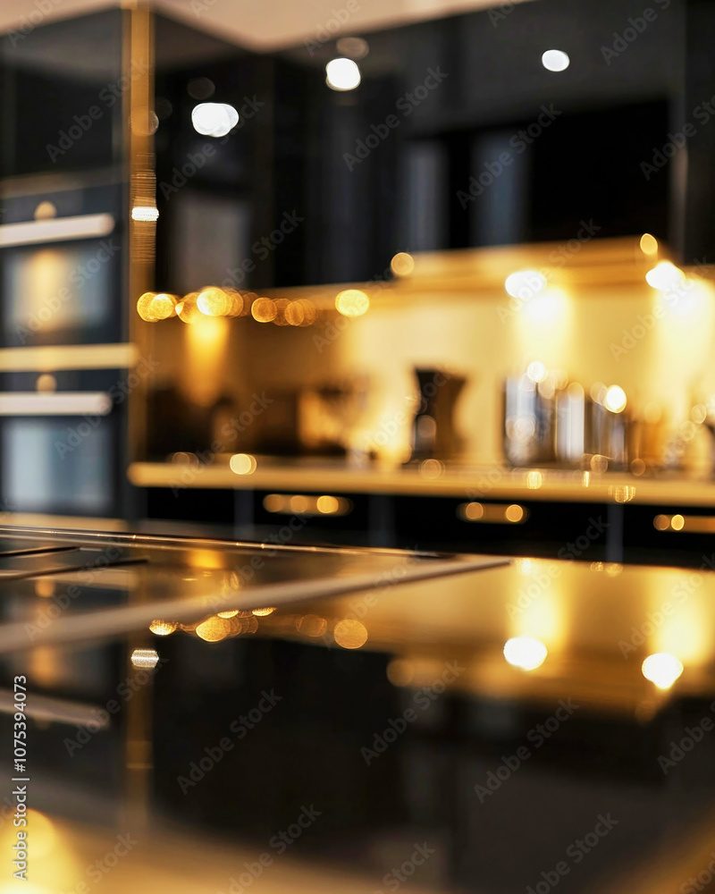 Elegant art deco kitchen with black and gold accents captured in soft focus for artistic effect Elegant art deco kitchen with black and gold accents captured in soft focus for artistic effect