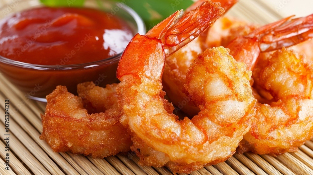 Crispy fried shrimp served with a side of ketchup on a bamboo mat. Crispy fried shrimp served with a side of ketchup on a bamboo mat.