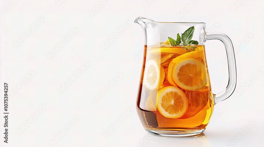 Refreshing Clear Glass Pitcher Filled with Homemade Lemonade and Fresh Slices of Lemon on a Bright White Background for Summer Beverage Inspiration Refreshing Clear Glass Pitcher Filled with Homemade Lemonade and Fresh Slices of Lemon on a Bright White Background for Summer Beverage Inspiration