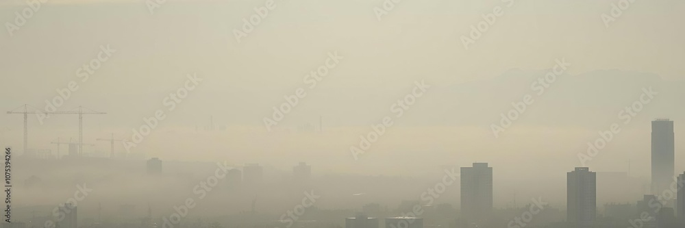 Obraz premium Misty morning veil shrouds a desolate cityscape, hazy, atmospheric