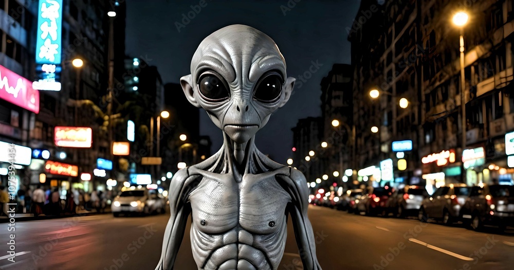 Unsettling Grey Alien in Mumbai's Rainy Streets - Wide Angle Unsettling Grey Alien in Mumbai's Rainy Streets - Wide Angle