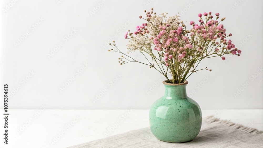 A bunch of dried pink baby's breath and other small flowers in a small green ceramic vase with a narrow neck, nature-inspired decor, baby's breath, dried flowers, pink blooms A bunch of dried pink baby's breath and other small flowers in a small green ceramic vase with a narrow neck, nature-inspired decor, baby's breath, dried flowers, pink blooms