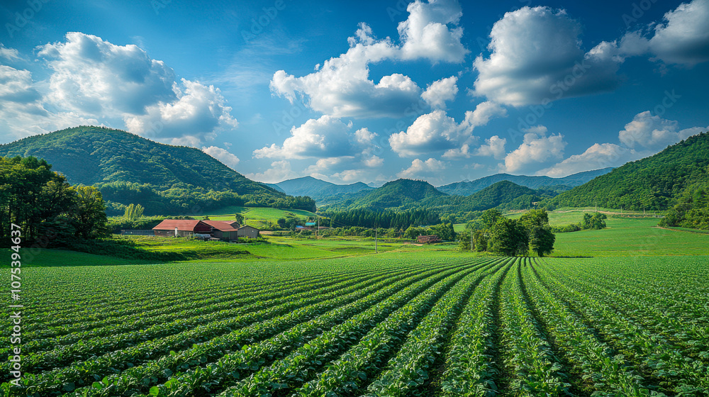 Panoramic view of lush farmland with mountains and blue skies during daytime Panoramic view of lush farmland with mountains and blue skies during daytime