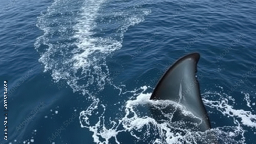 Fototapeta premium A large shark fin sliced through the surface of the ocean, leaving a trail of disturbed water behind it, cloudy sky, sea creature, shark fin