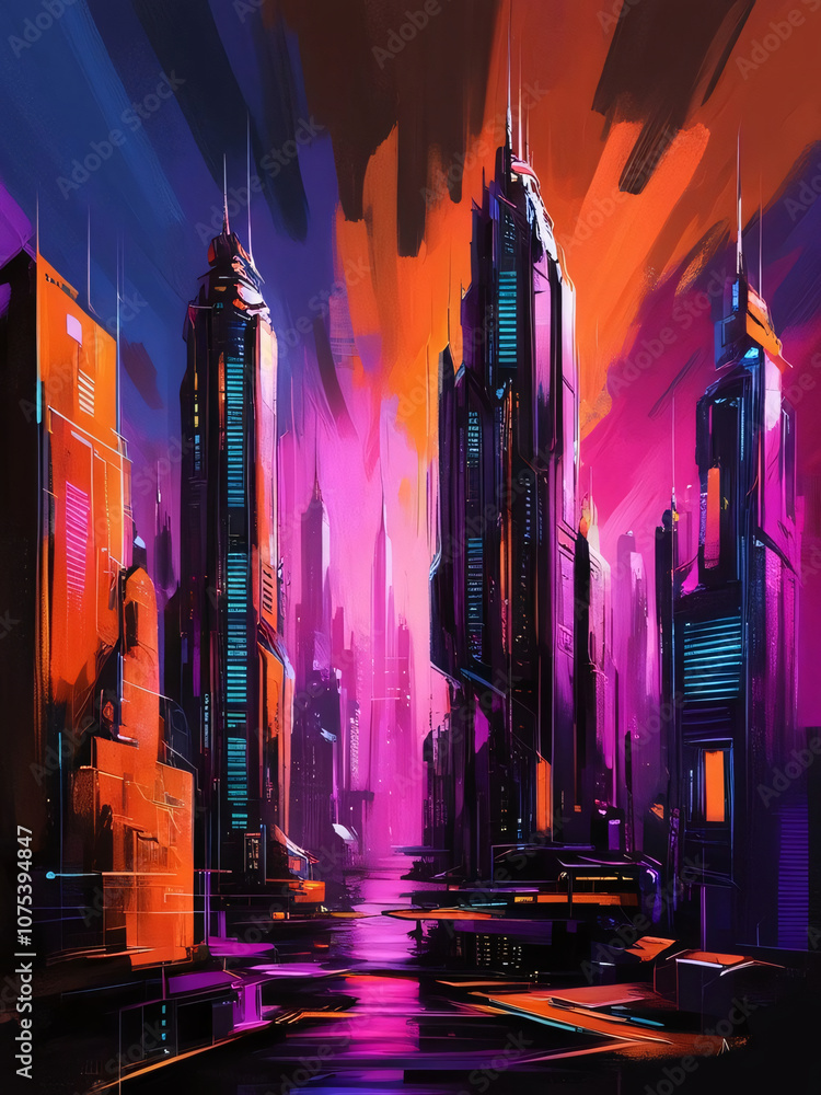 Fototapeta premium Cyberpunk Cityscape With Skyscrapers
