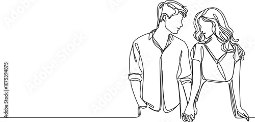 continuous single line drawing of young man and woman holding hands while looking at each other, line art vector illustration