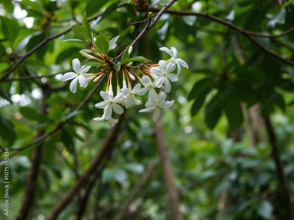 Delicate jasmine flowers drape from a tree branch in the lush green foliage of a tropical forest background, forest, jasmine flowers Delicate jasmine flowers drape from a tree branch in the lush green foliage of a tropical forest background, forest, jasmine flowers