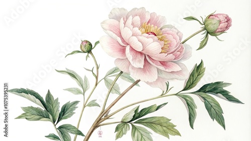 delicate watercolor peony with slender stems and leaves, flowers, peonies, gentle texture, flower art, floral design