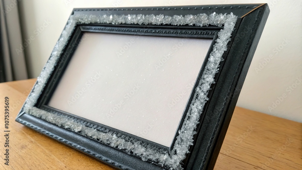 Fototapeta premium Dainty ice crystal frame in a black matte finish, ice crystals, frosty details