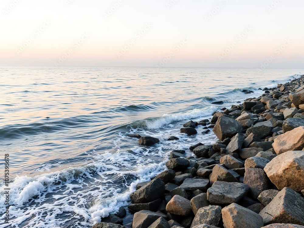 Waves gently lapping against a rocky shoreline at dawn, soft waves, golden hour, beach scenery Waves gently lapping against a rocky shoreline at dawn, soft waves, golden hour, beach scenery