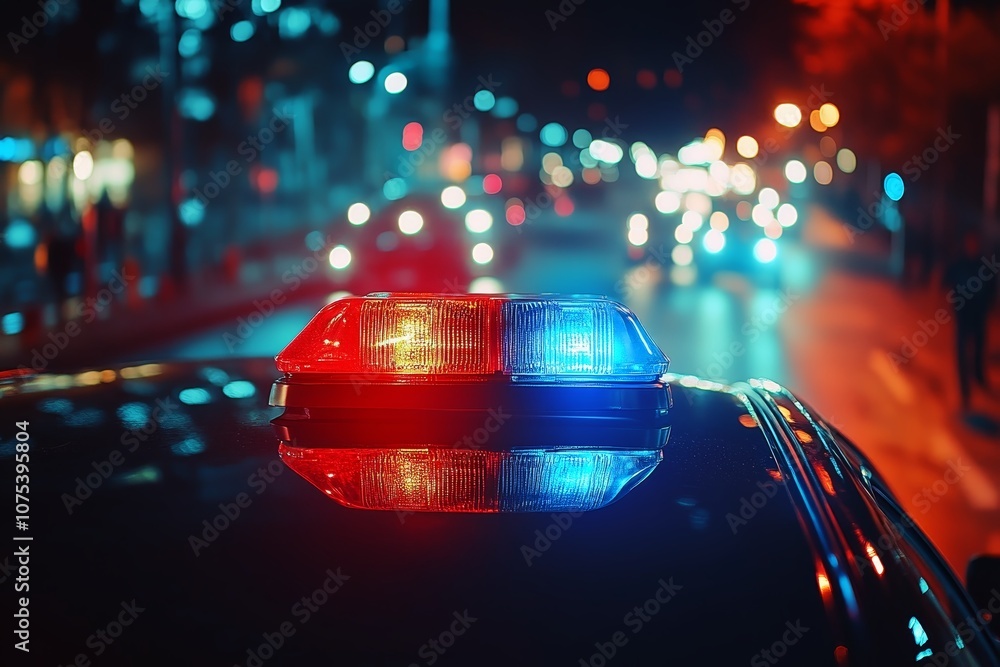 Close up view of a red blue light flasher on top of a police car on a road at night. Close up view of a red blue light flasher on top of a police car on a road at night.