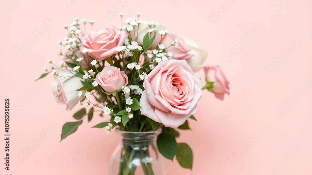 A delicate bouquet of pastel-colored roses and baby's breath in a vintage-inspired glass vase against a soft peachy pink background, eclectic decor, soft pink A delicate bouquet of pastel-colored roses and baby's breath in a vintage-inspired glass vase against a soft peachy pink background, eclectic decor, soft pink