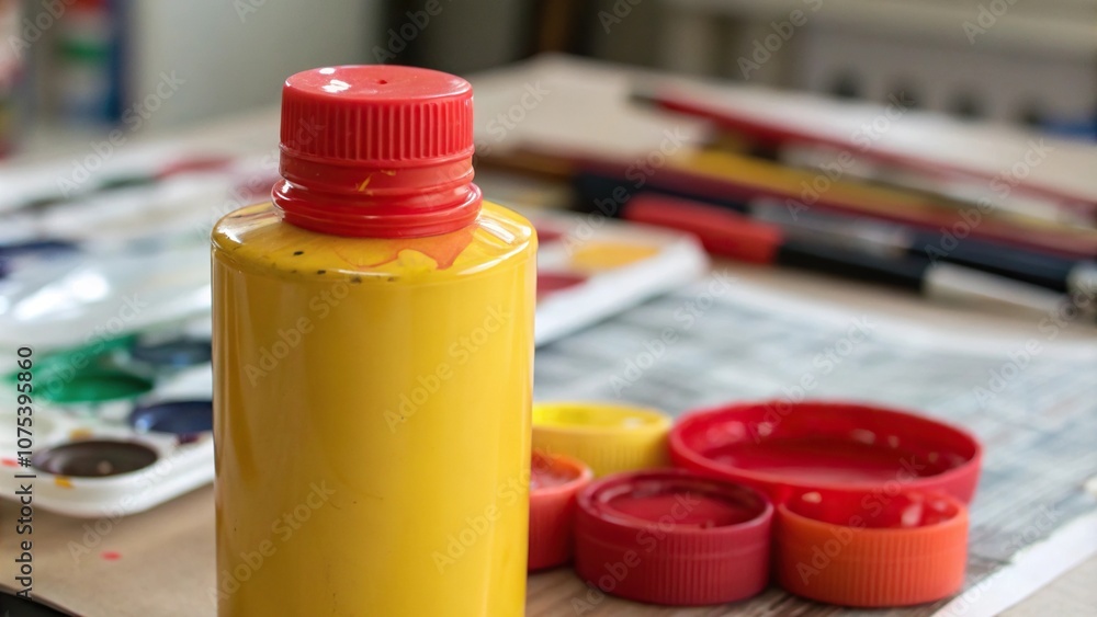 A close-up of a single acrylic paint bottle with a bright and bold color, creative materials, paint jars, colorful liquids A close-up of a single acrylic paint bottle with a bright and bold color, creative materials, paint jars, colorful liquids