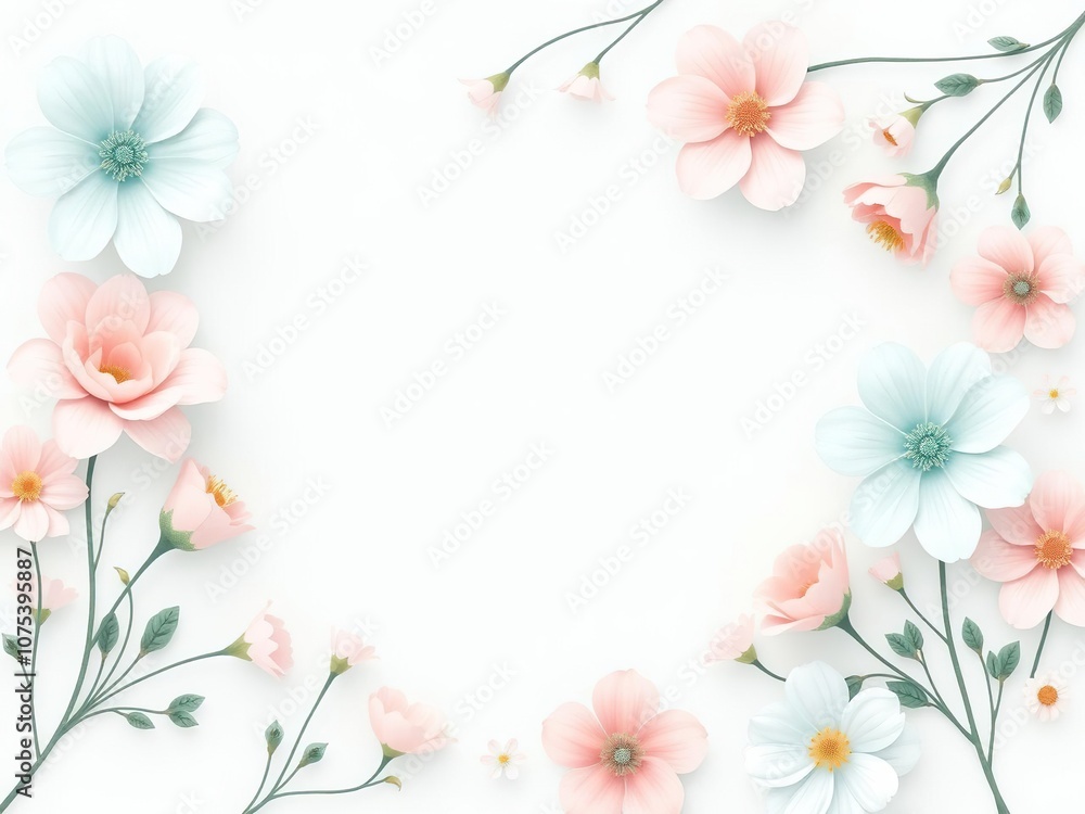 A gentle gradient of baby blue, pale pink, and mint green flowers arranged in a whimsical, hand-drawn style, pastel wall art, nature prints, watercolor-inspired design