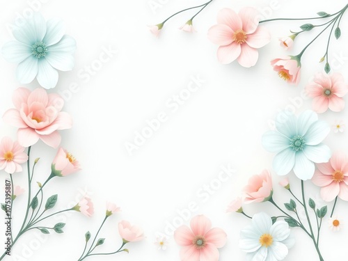 A gentle gradient of baby blue, pale pink, and mint green flowers arranged in a whimsical, hand-drawn style, pastel wall art, nature prints, watercolor-inspired design