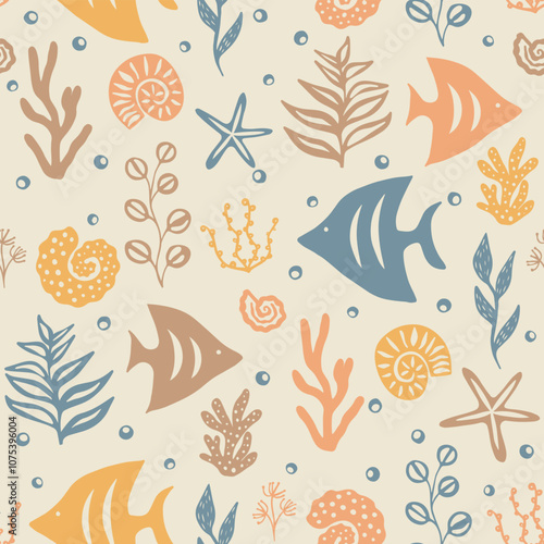 Sea bottom seamless pattern. Summer beach seaside vector print. Undersea world pattern with fish, starfish, shell, coral. Seashore elements design for fabrics, wallpaper