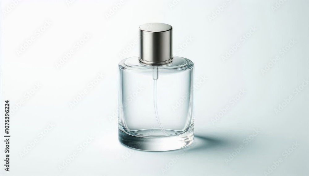 Transparent glass bottle of perfume with silver cap on white background. Mockup of round bottle of perfume. Advertisement of perfume. Transparent glass bottle of perfume with silver cap on white background. Mockup of round bottle of perfume. Advertisement of perfume.