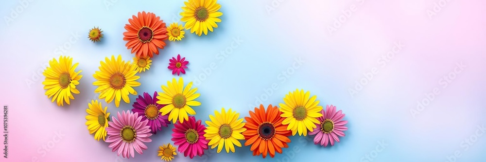 Obraz premium Brightly colored flowers arranged in a circular pattern on a blue and pink gradient background, blossoms, colorful, abstract