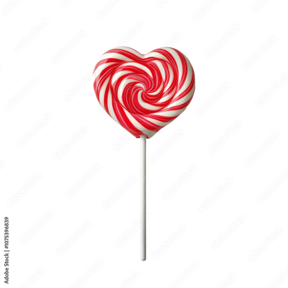 Heart-shaped lollipop with swirling red and white stripes on a stick. Heart-shaped lollipop with swirling red and white stripes on a stick.
