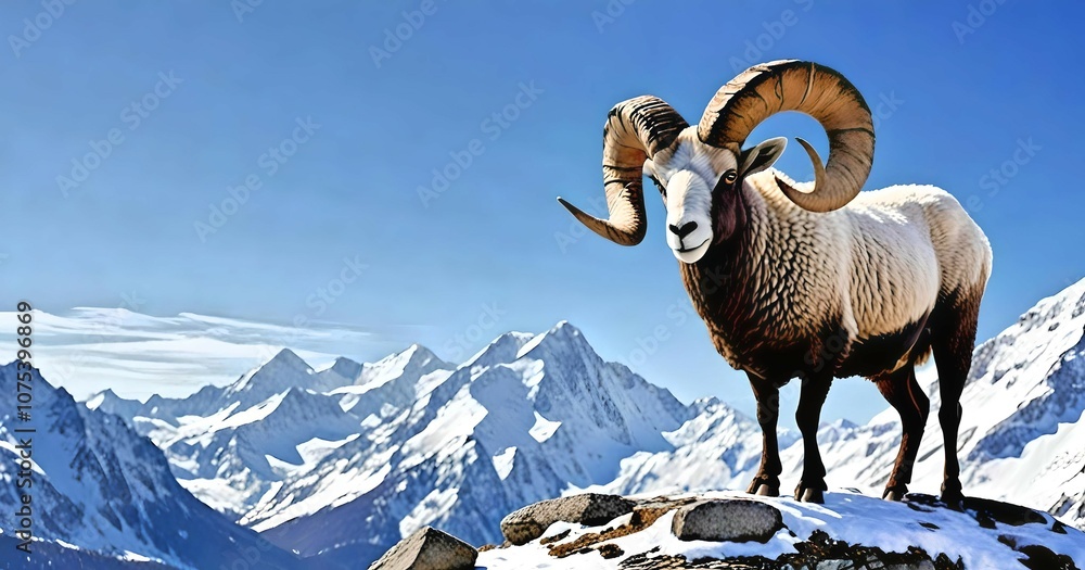 Naklejka premium Ram Overlooking Snowy Peaks in an Aries Zodiac Representation