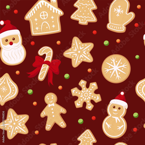Vector christmas cookies gingerbread. New year seamless vector pattern background.