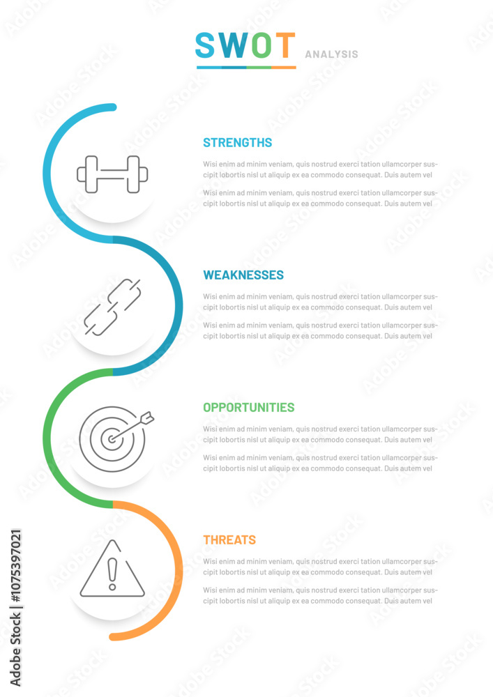 Vertical swot analysis of the company's and organization's activities in the form of a diagram consisting of strengths, weaknesses, opportunities, and threats. Vertical swot analysis of the company's and organization's activities in the form of a diagram consisting of strengths, weaknesses, opportunities, and threats.