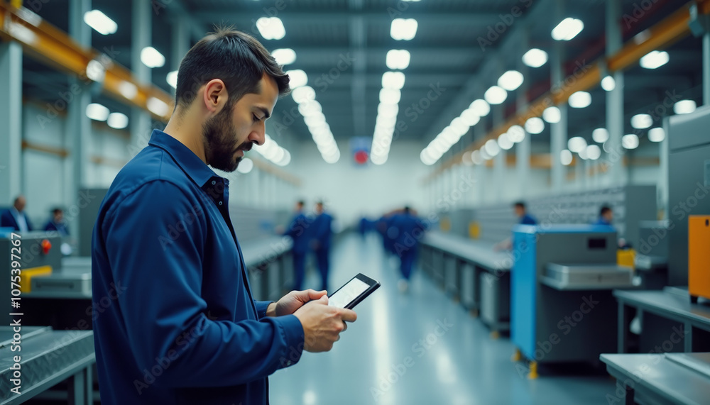 Factory Worker Using Tablet in Production Line Factory Worker Using Tablet in Production Line