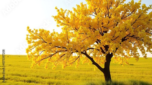 A flowering yellow ipe tree stands proudly in a sunlit meadow, its bright yellow blooms radiating warmth and vibrancy as the light dances through its delicate petals, nature, sunlight