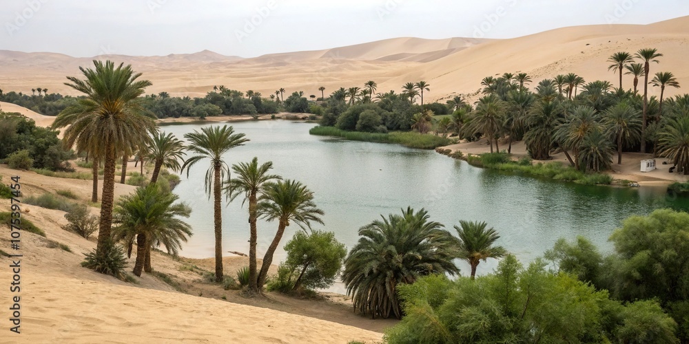 Fototapeta premium A serene lake in the middle of a vast desert oasis surrounded by towering palm trees and lush greenery, tranquility, lake