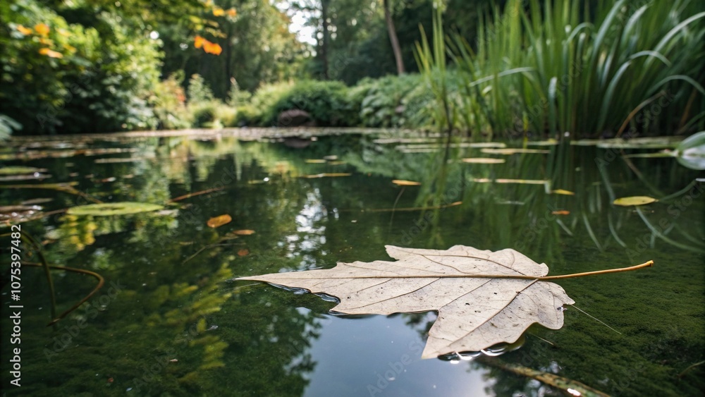 Naklejka premium A single leaf floats gently on the surface of a serene pond, set against a backdrop of lush aquatic plants, pond, greenery, outdoor scene