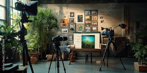 Professional advertising agency with inspiration boards and happy clients, emphasizing creativity and success.